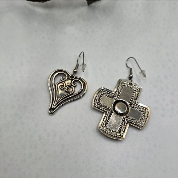 "5/$25" Mismatched Silvertone Lightweight Cross & Heart Dangle Earrings - Picture 5 of 5
